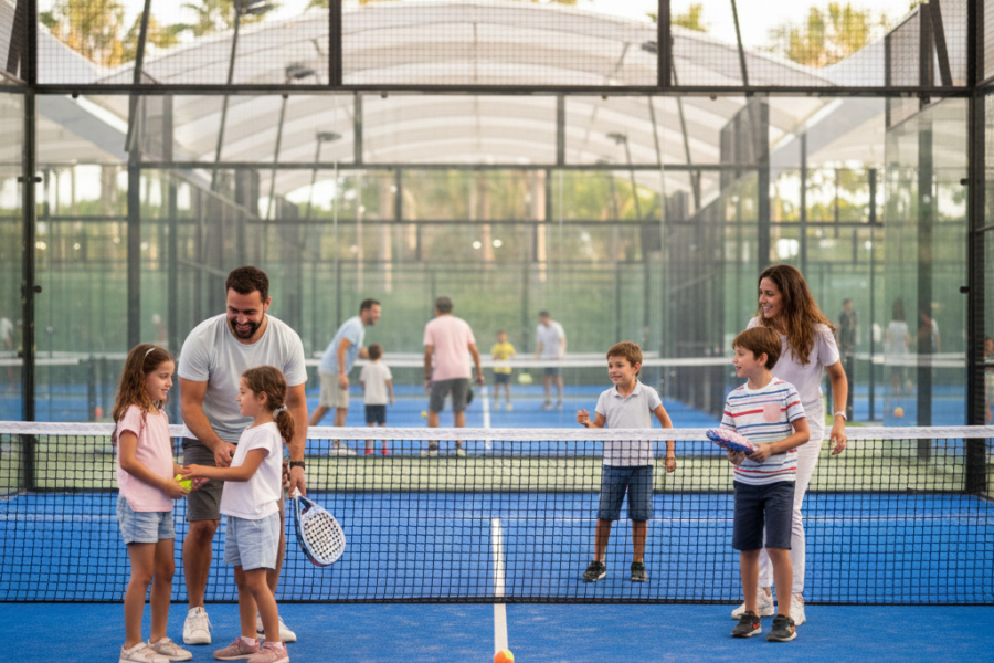 A family with young children enjoying a padel session together on court