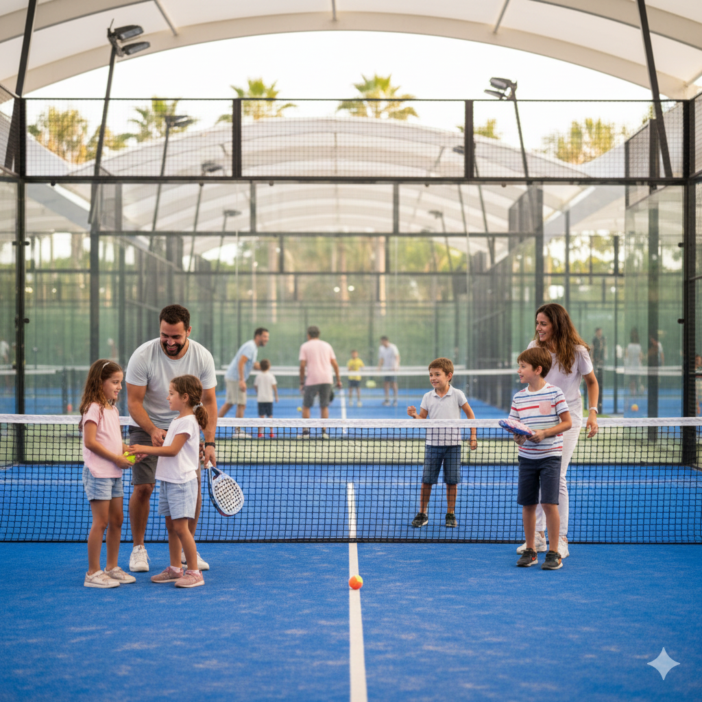 A family with young children enjoying a padel session together on court