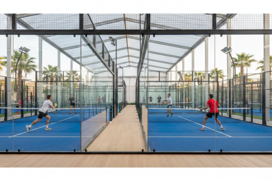 Players rallying on a row of glass-walled padel courts