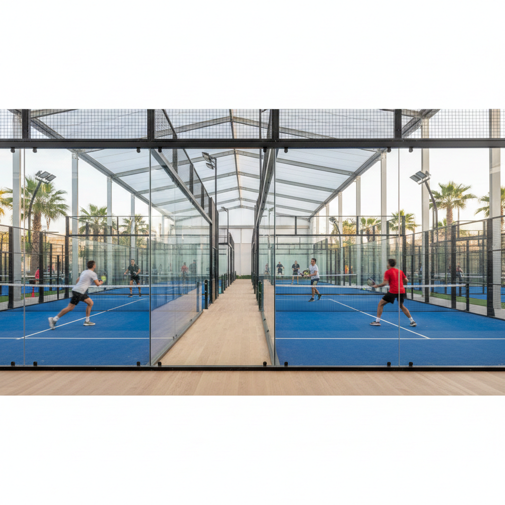 Players rallying on a row of glass-walled padel courts