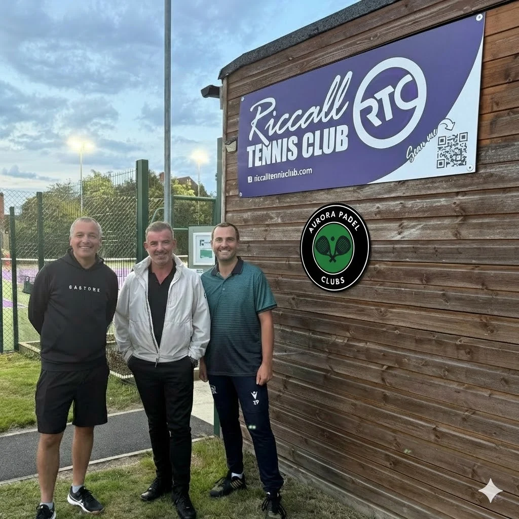Aurora Padel Clubs and Riccall Tennis Club representatives outside the clubhouse, marking the new partnership